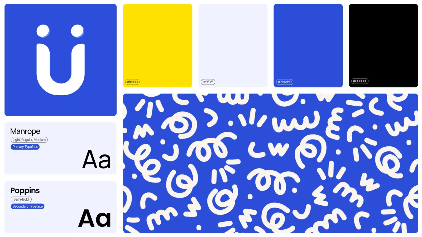 Her brand kit: the ü mark, yellow #FFE100, light blue #F1F3FF, blue #2C4DD9 and black, Manrope and Poppins, and a doodle pattern.