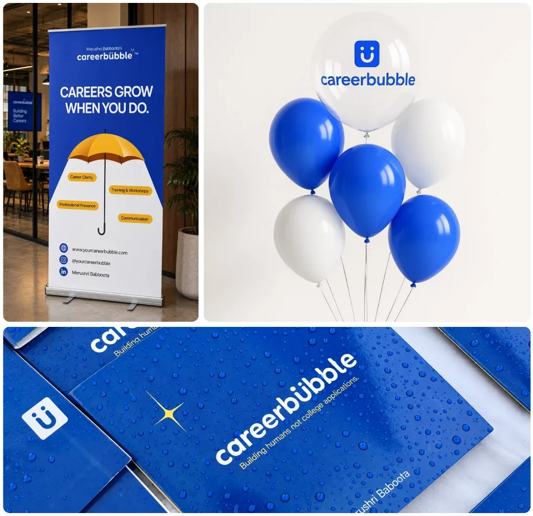 The kit on print mock-ups: a roll-up banner, balloons and folders in her blue.