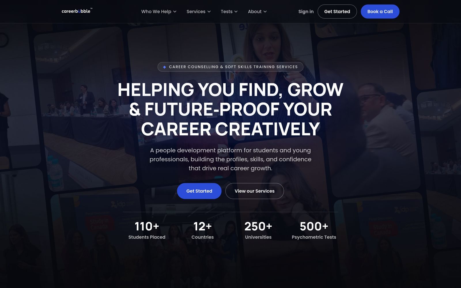 The platform we built: a dark hero of photos and clips of Merushri at work.