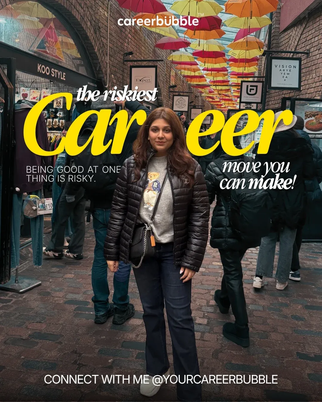 Skills, the cover: 'The riskiest career move you can make!' over a photo of Merushri under a street of hanging umbrellas.