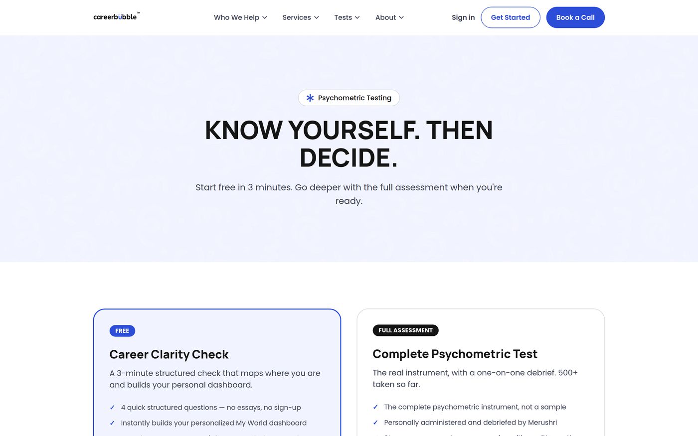The live tests page: 'Know yourself. Then decide.' with the free Career Clarity Check.