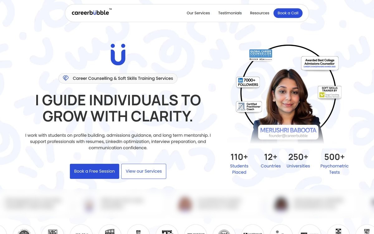 The Webflow site: 'I guide individuals to grow with clarity', with Merushri's portrait.