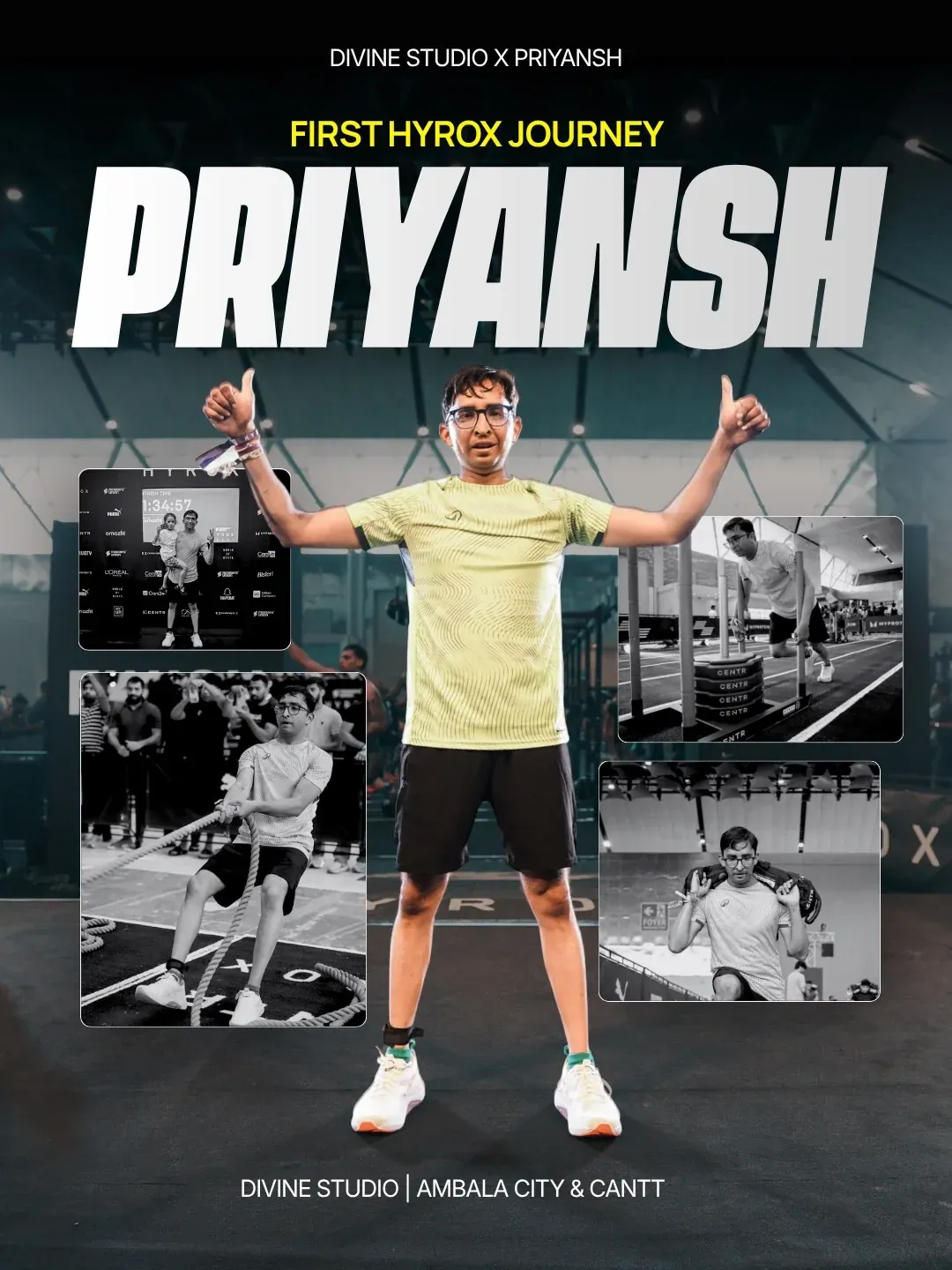 The cover of a member story: 'Divine Studio x Priyansh, first HYROX journey', with photos of his training around him.