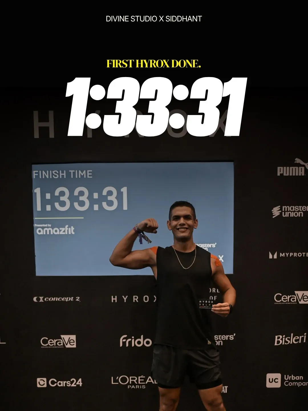 The last slide of Siddhant's story: 'First HYROX done. 1:33:31', over his photo at the finish-time screen.