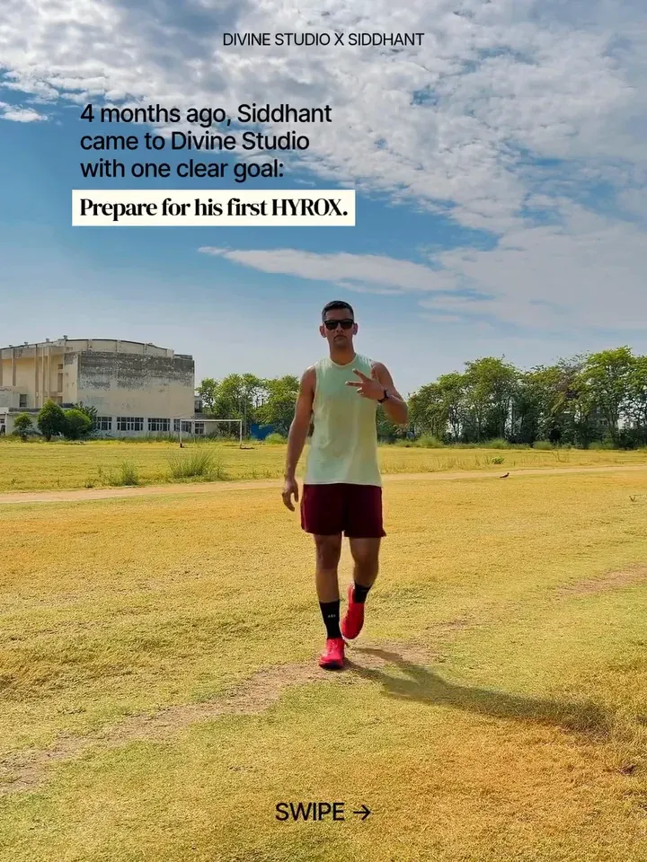 The second slide of Siddhant's story, a video: '4 months ago, Siddhant came to Divine Studio with one clear goal: prepare for his first HYROX.'