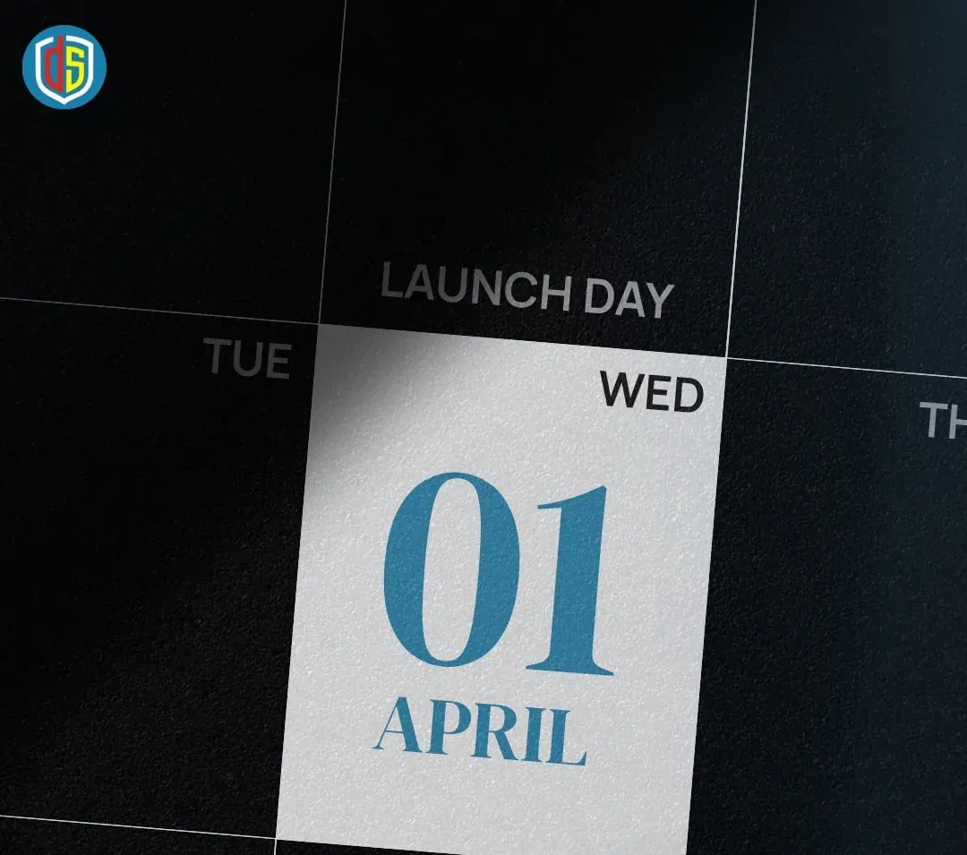 The launch-day post: a calendar page, 'Launch day, Wed 01 April'.