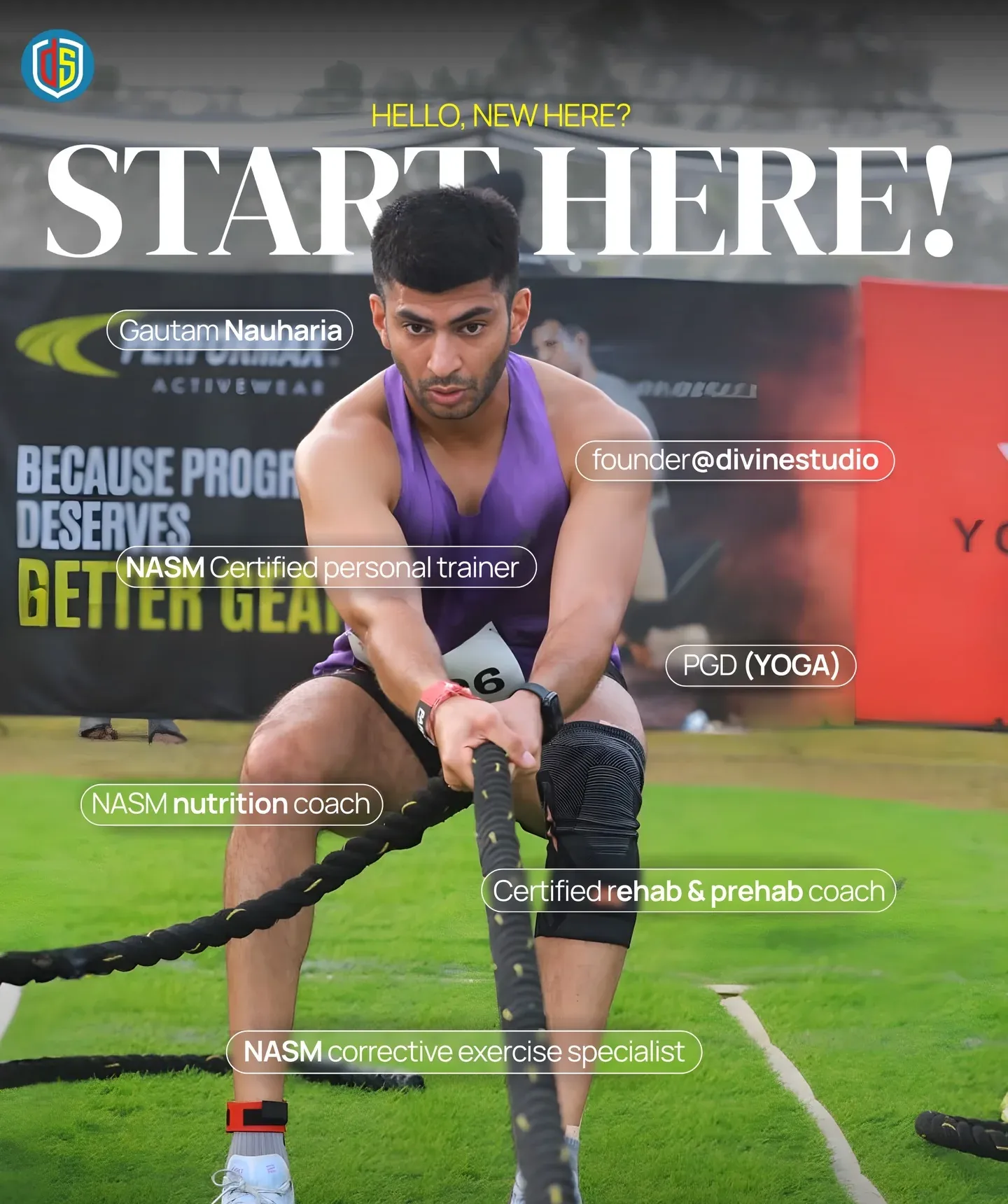 Start Here, slide 1: 'Hello, new here? Start here!', the founder on battle ropes, with his qualifications.