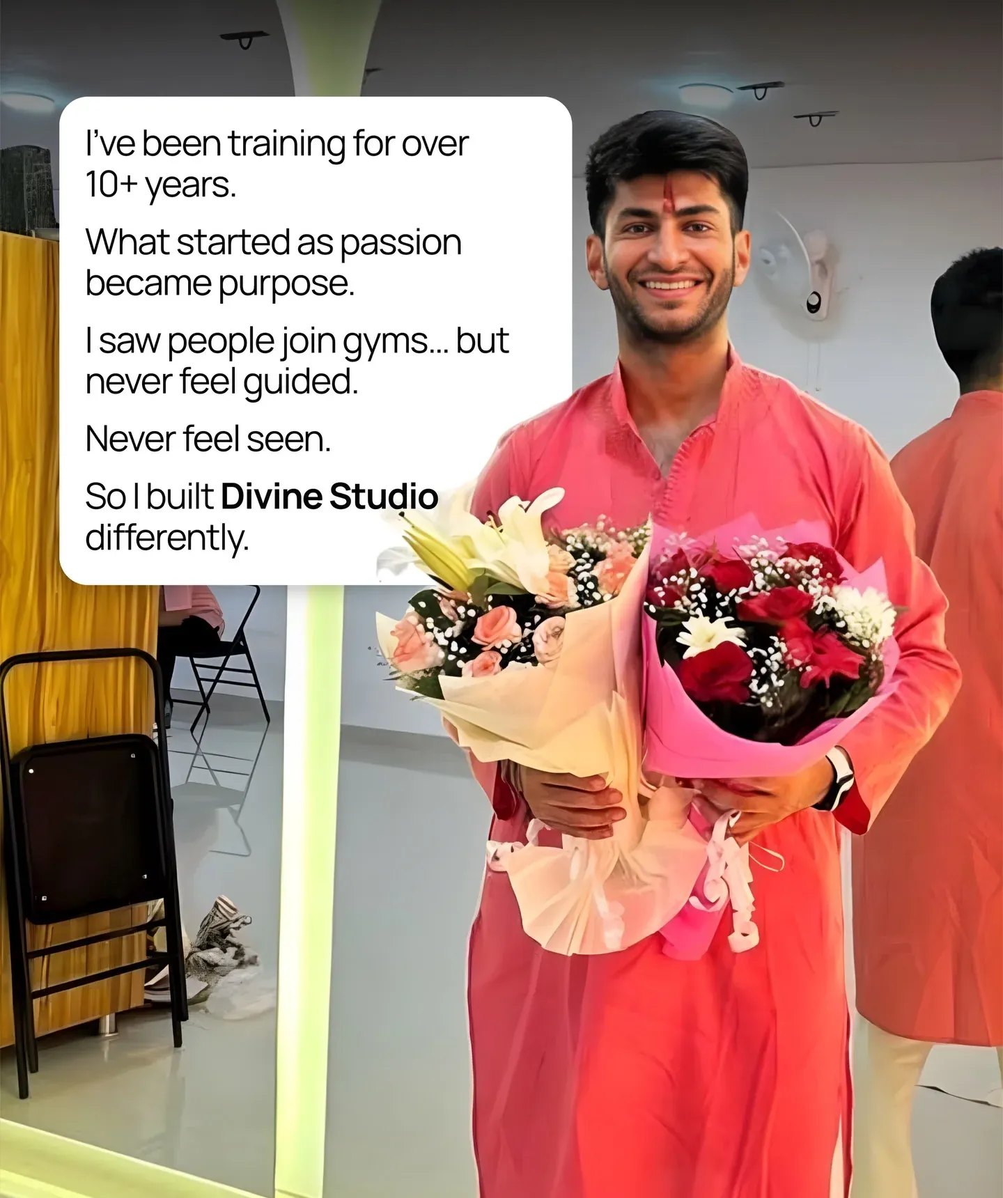 Start Here, slide 2: 'I've been training for over 10+ years… So I built Divine Studio differently', beside the founder.