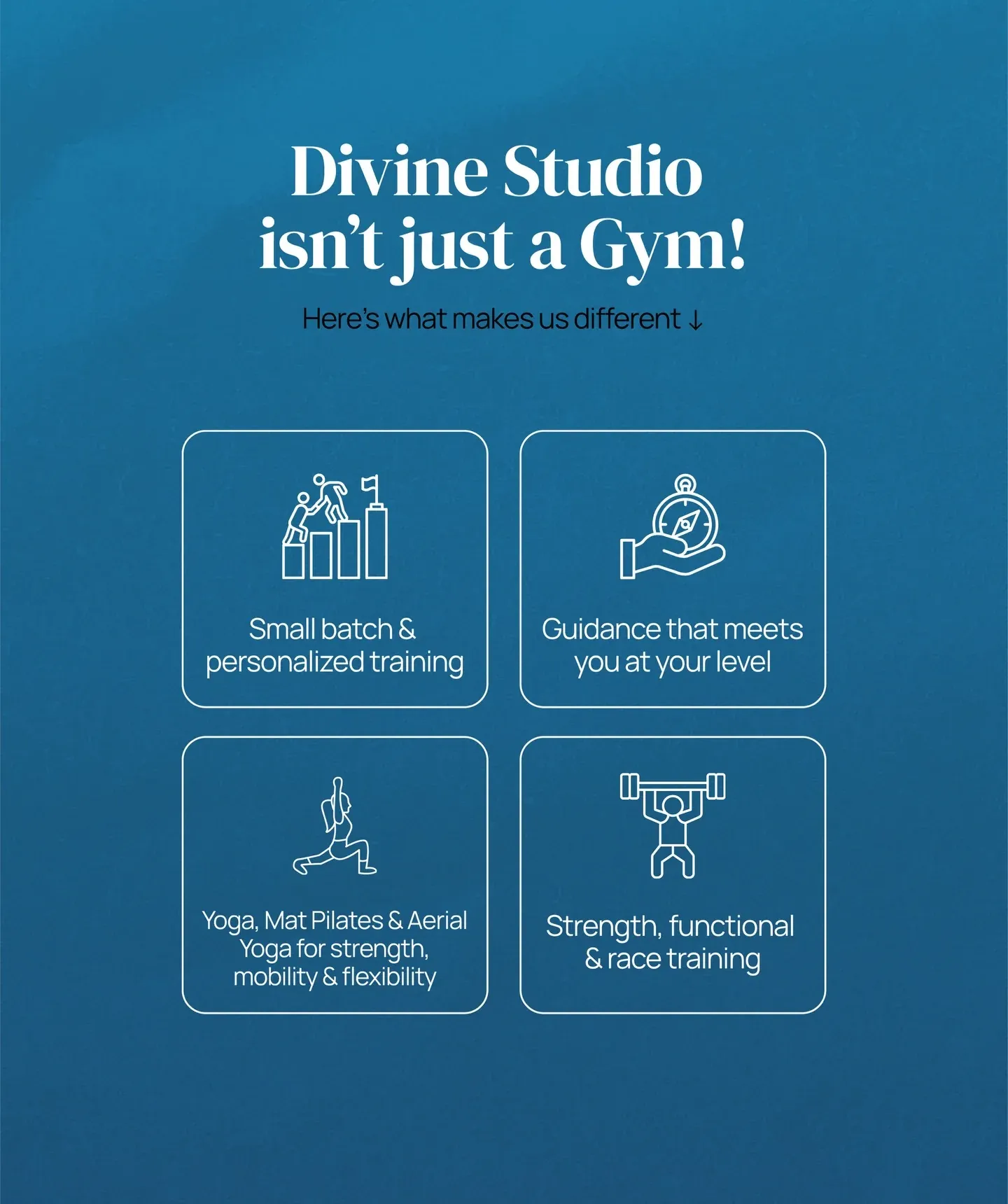 Start Here, slide 3: 'Divine Studio isn't just a gym!', and four things that make it different, as icons.