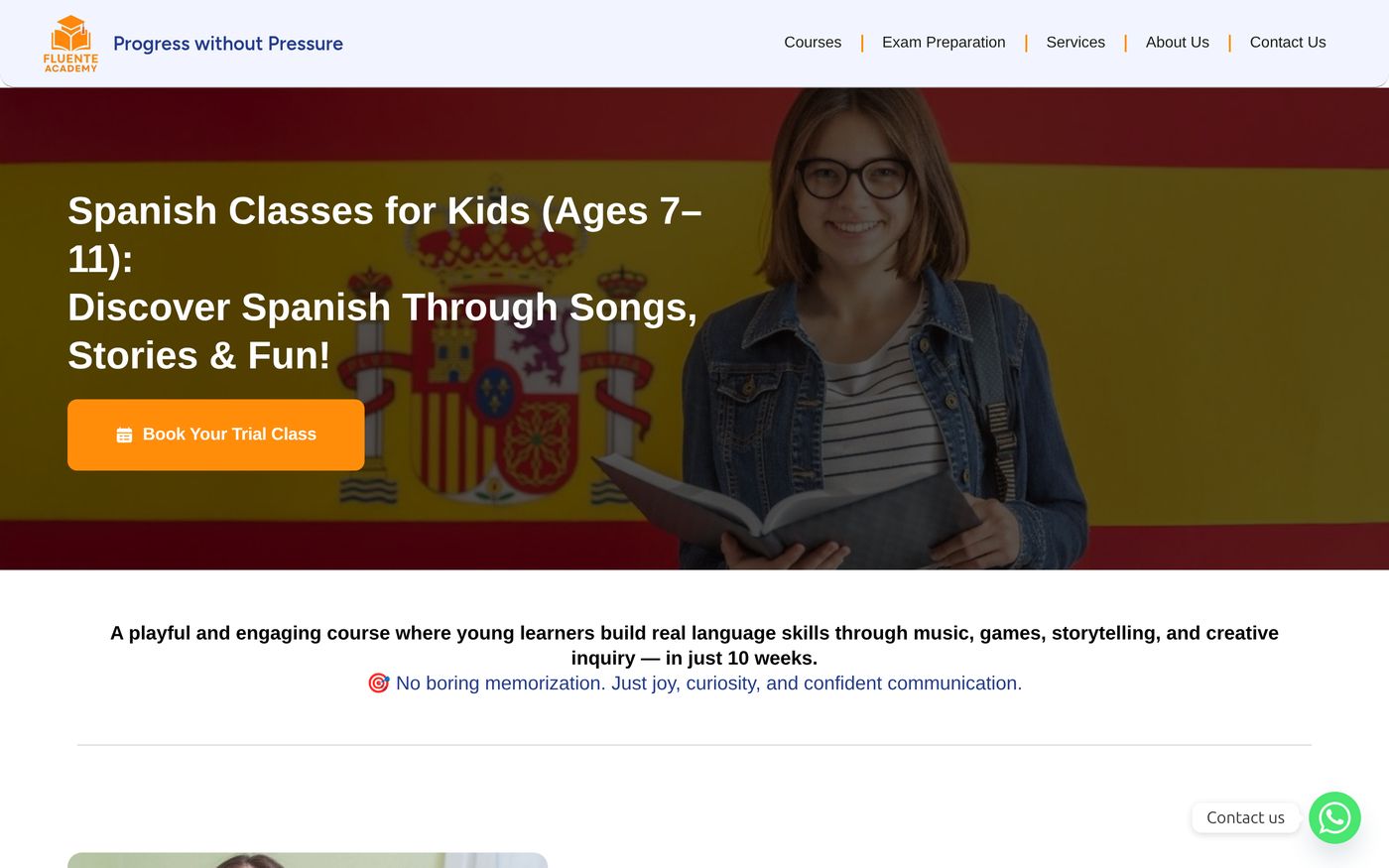 A 2025 page from the old site, still live: a Spain-flag wash over a photo, emoji bullets.