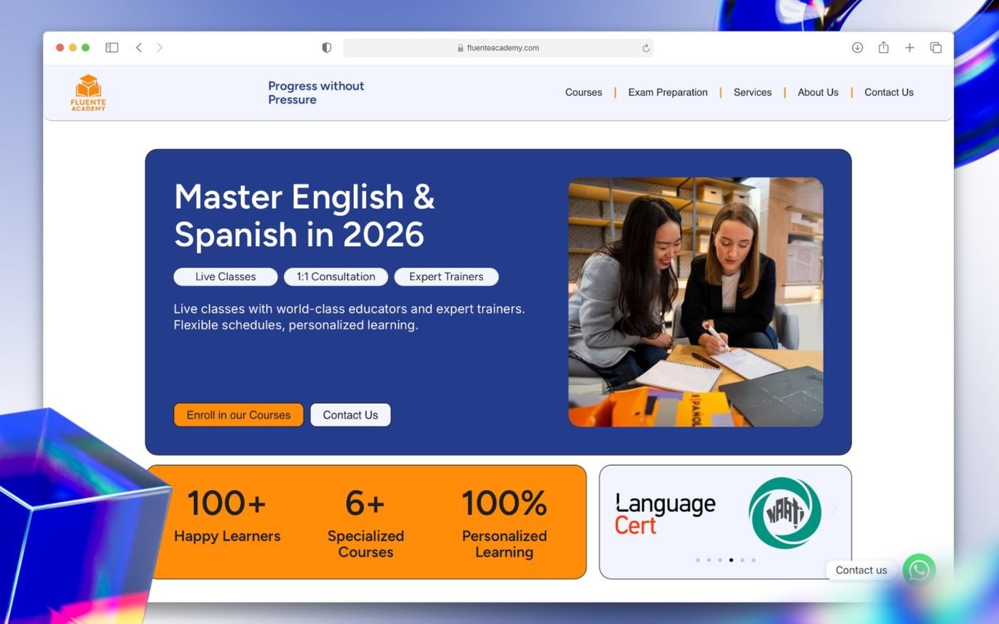 The new Fluente Academy homepage in a browser: 'Master English & Spanish in 2026'.