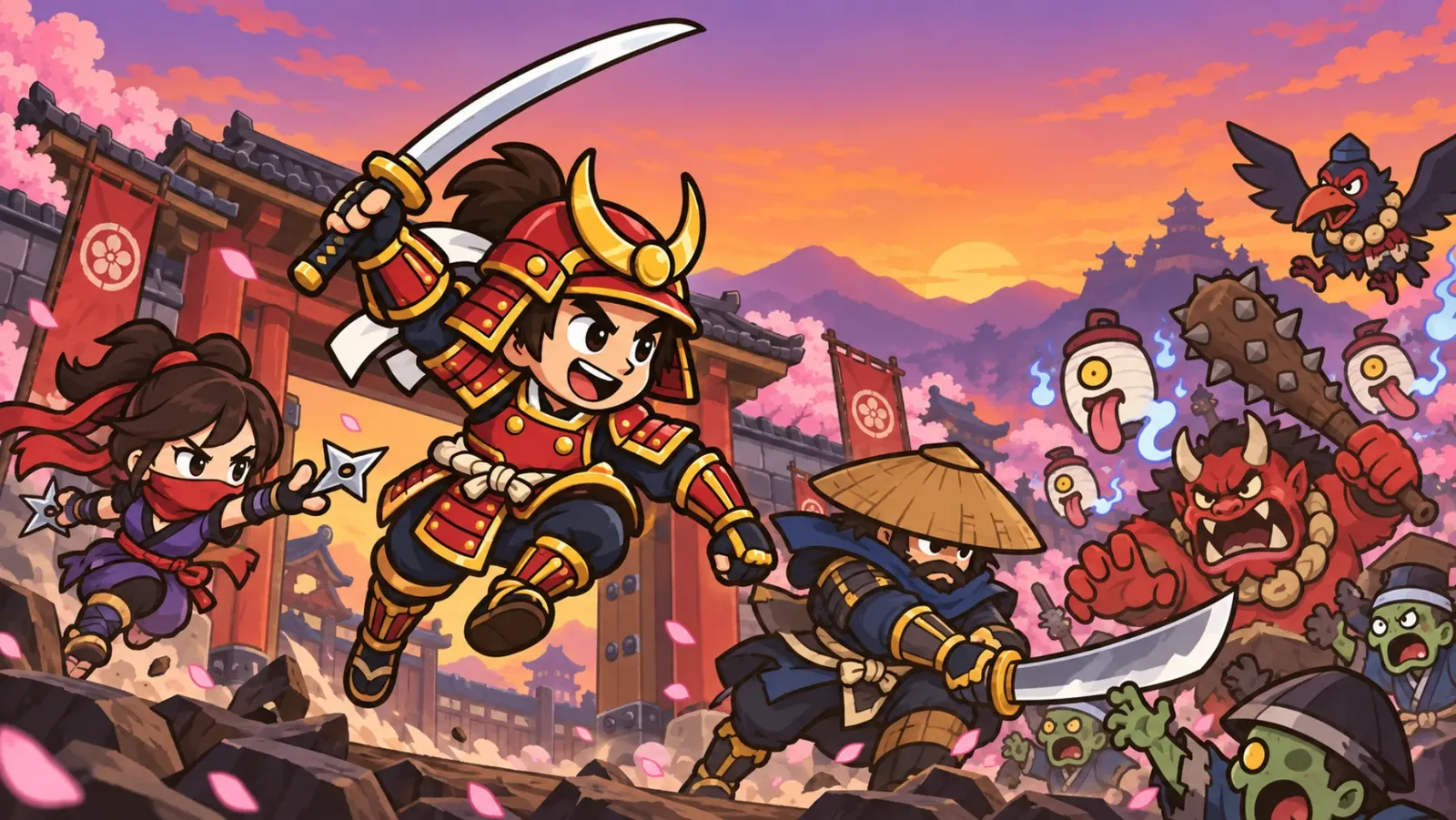 Key art for Hundred Night Gate: a samurai, a kunoichi and a ronin charge a horde of yokai in front of a red gate at dusk, under falling cherry blossom.
