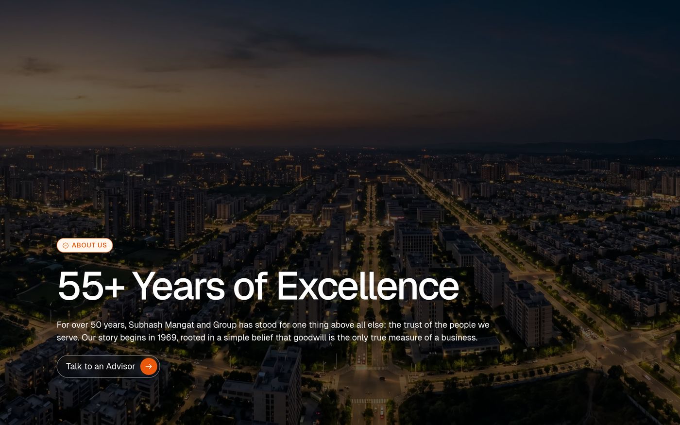 The About page: '55+ Years of Excellence' over a night aerial of the city.