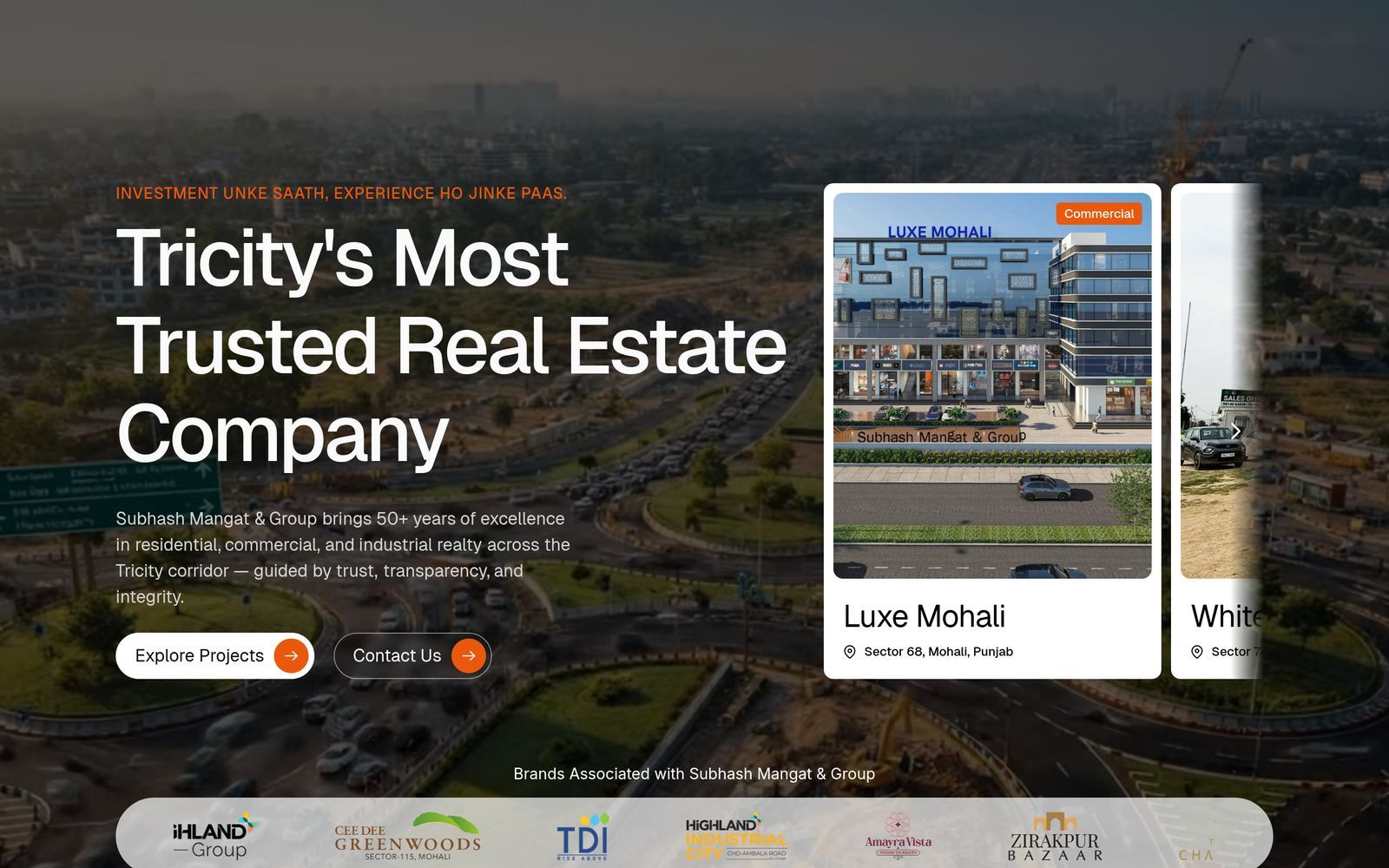 The website we built: a dark aerial view of the Tricity under the headline 'Tricity's Most Trusted Real Estate Company'.