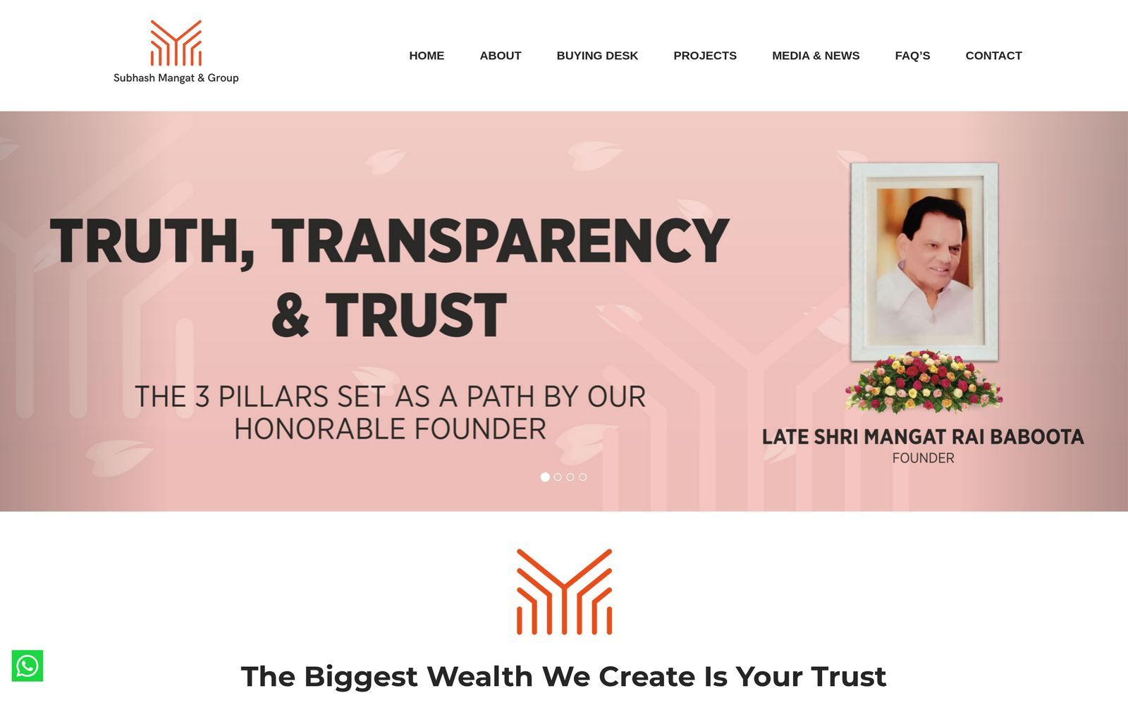 The old Subhash Mangat & Group website, July 2025: a pink banner slider with the founder's portrait.