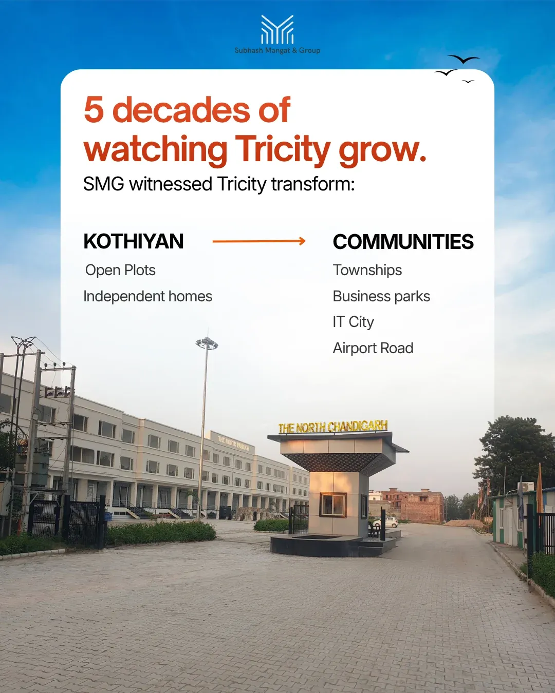 '5 decades of watching Tricity grow': from open plots and independent homes to townships, business parks, IT City and Airport Road.