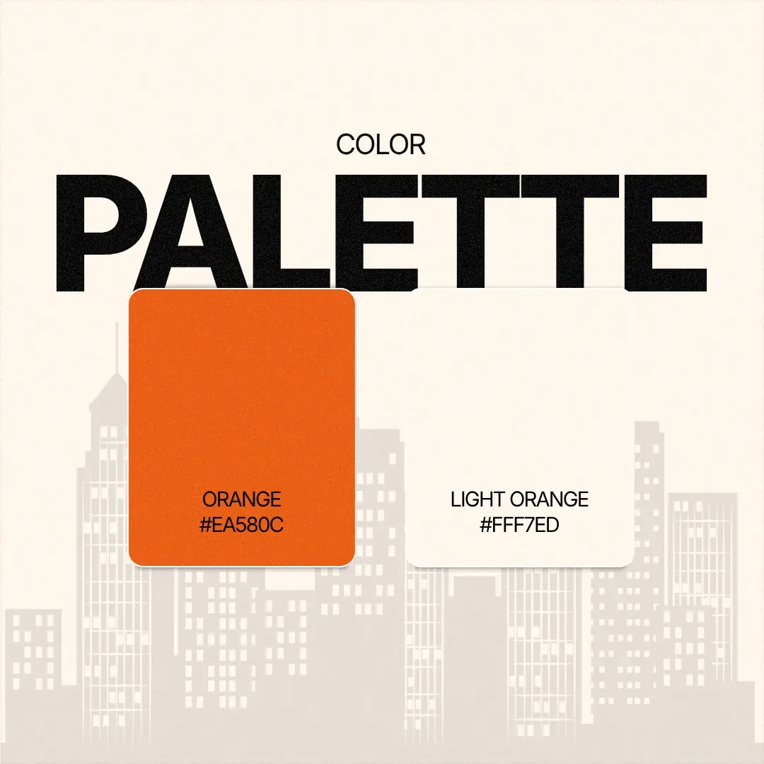 The colour card: 'Palette', orange #EA580C and light orange #FFF7ED, over a pale skyline.
