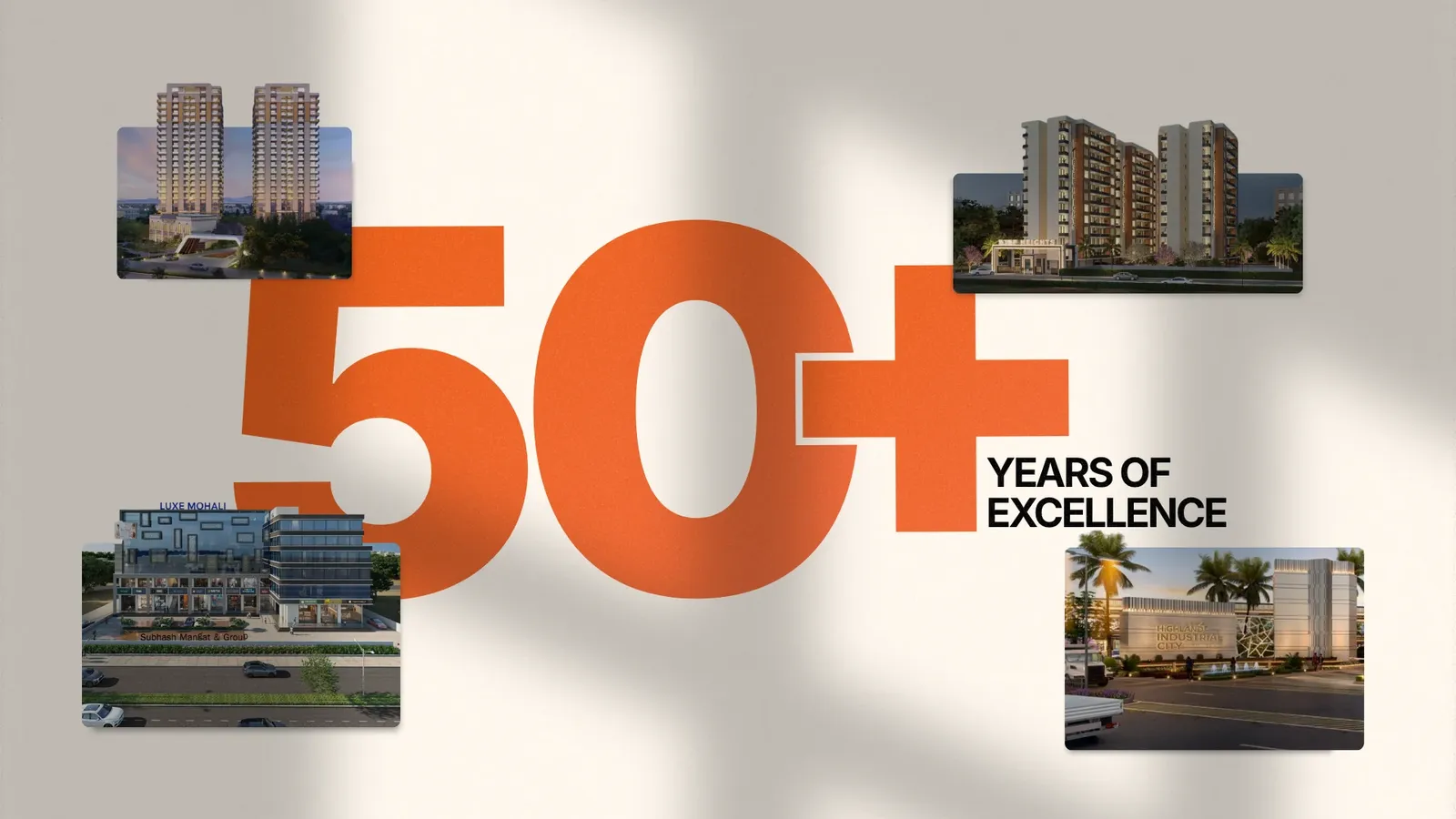 '50+ years of excellence' in orange, with four of the group's developments around it.