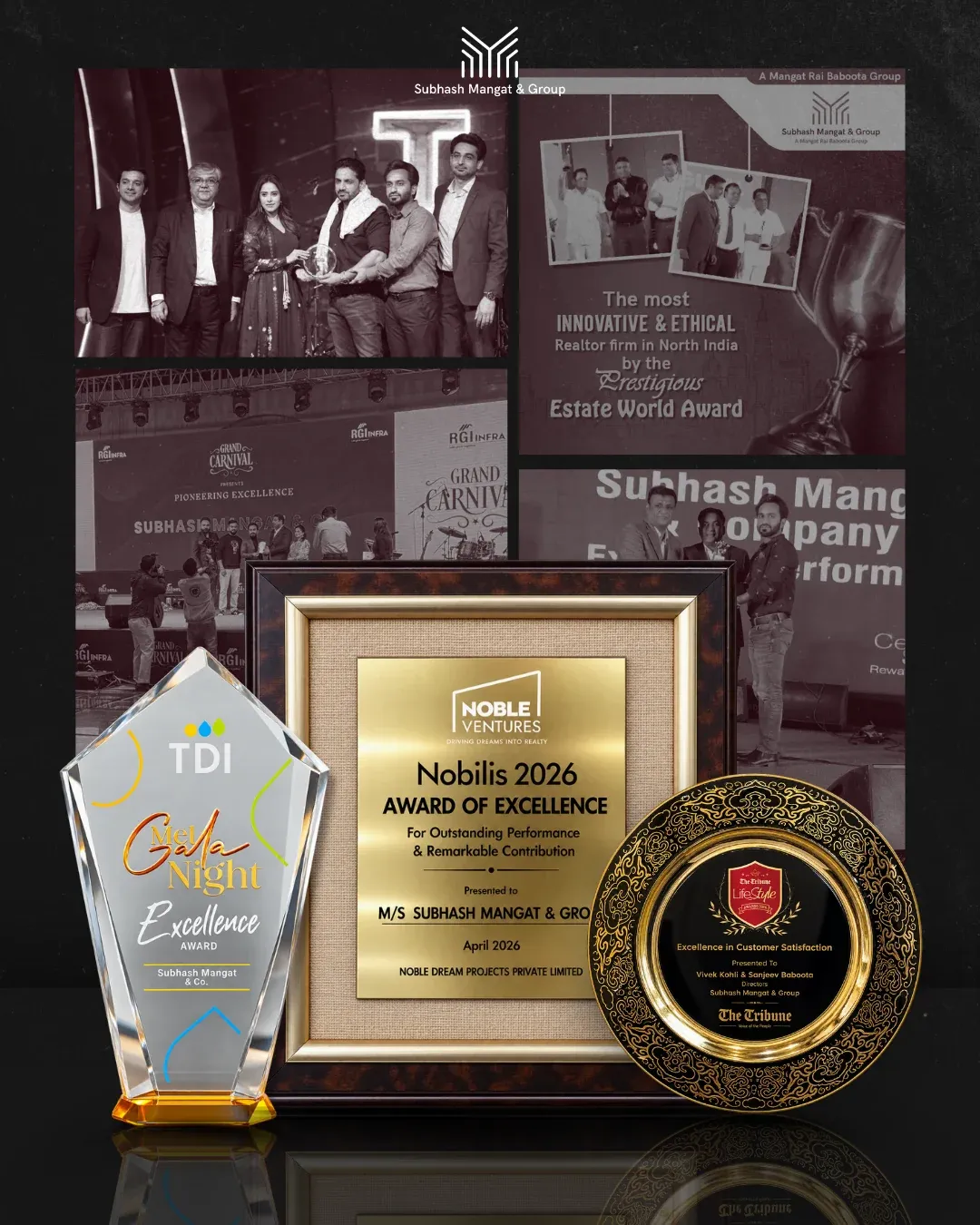SMG in headlines, the last slide: the group's awards, among them a Nobilis 2026 award of excellence, with photos from the ceremonies.