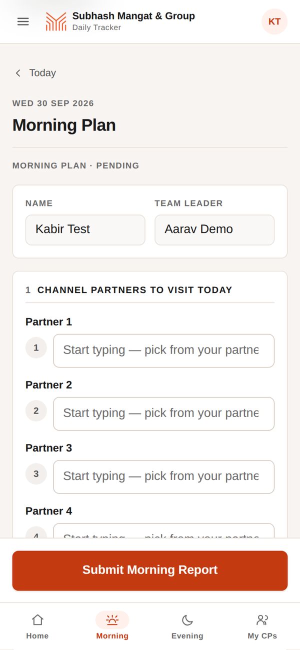 A salesperson's morning plan on a phone, with sample data.