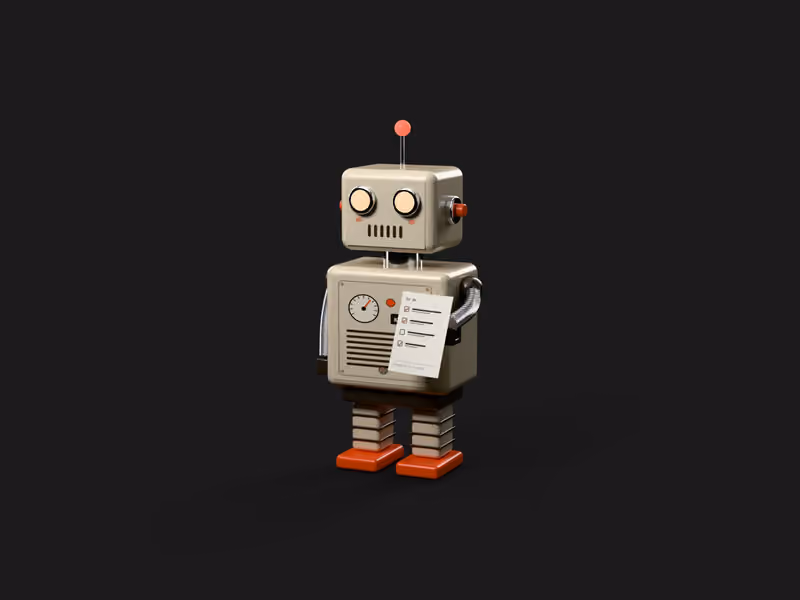 A tin wind-up robot carrying a to-do list that a person has ticked.