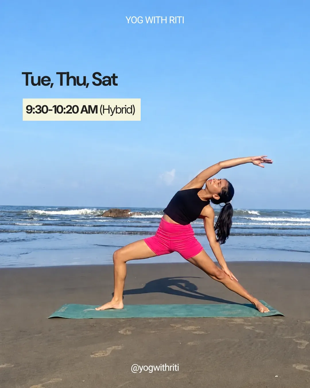 Slide 3: 'Tue, Thu, Sat', 9:30 to 10:20 am, hybrid, over a side stretch on the beach.