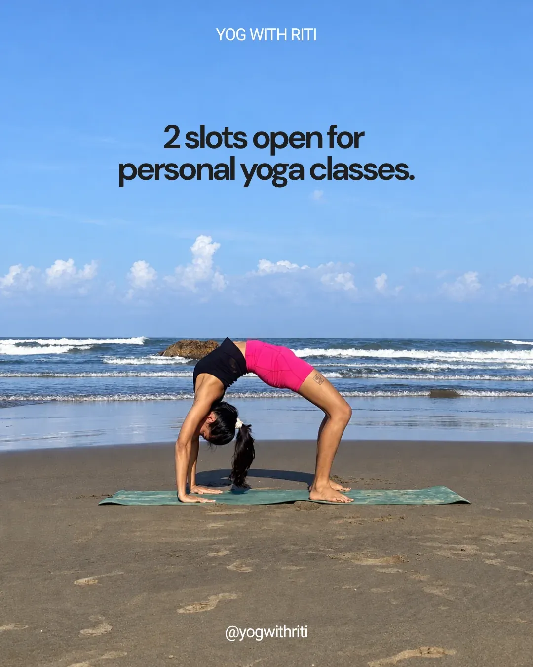Slide 4: '2 slots open for personal yoga classes', over a wheel pose on the beach.