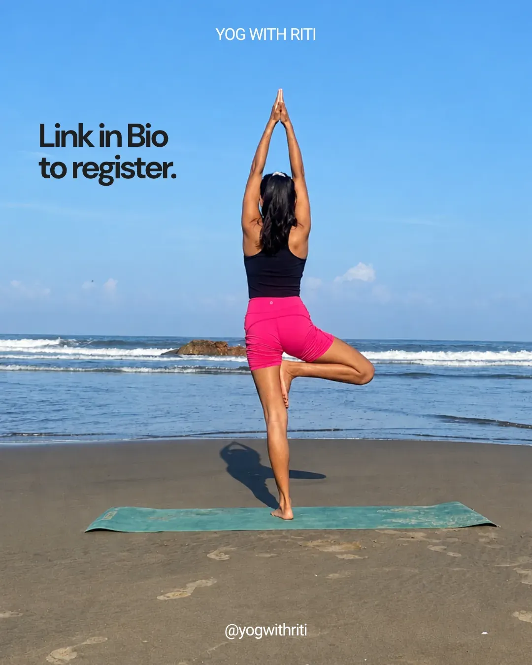 Slide 5: 'Link in bio to register', over a tree pose on the beach.