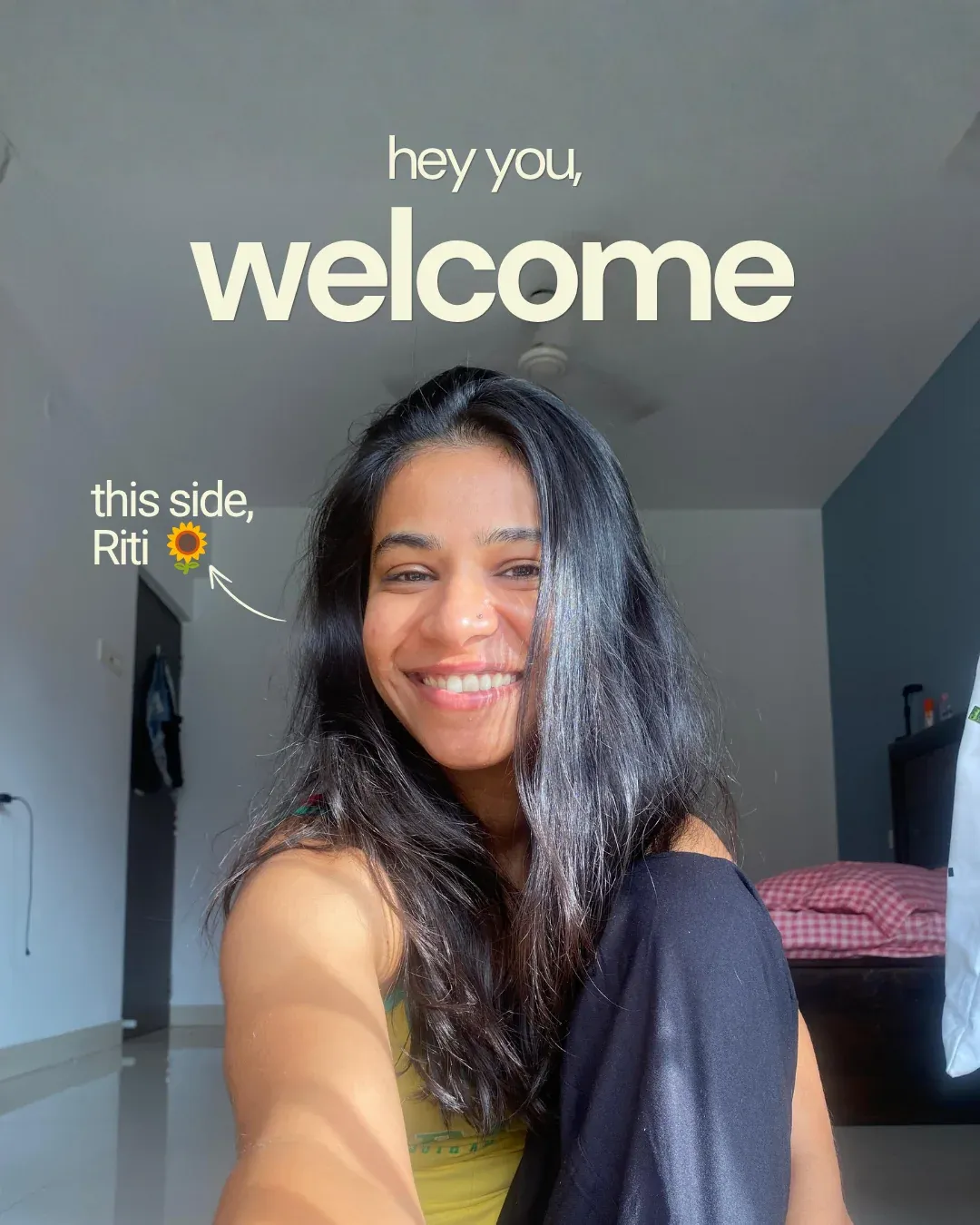 Welcome post, slide 1: 'hey you, welcome. This side, Riti.'
