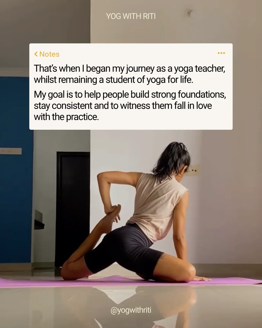 Welcome post, slide 7: a note, 'That's when I began my journey as a yoga teacher, whilst remaining a student of yoga for life', over a stretch.